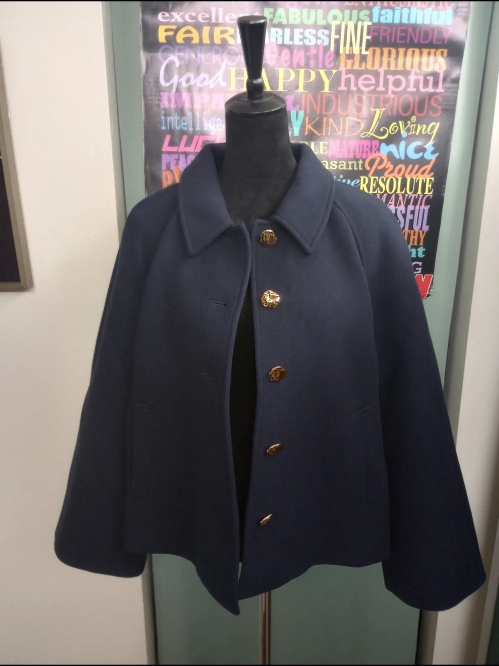 J Crew Wool Blend Navy Button-Front Cape Jacket!.